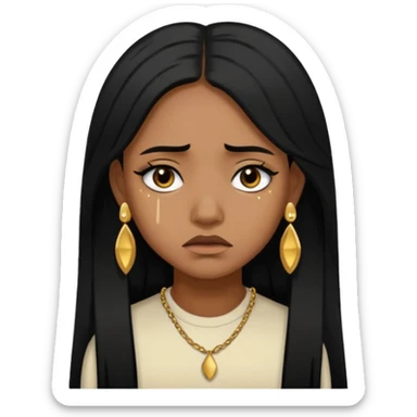 medium brown skin tone girl who has long layered black hair with gold stud earrings  who is sad  sticker