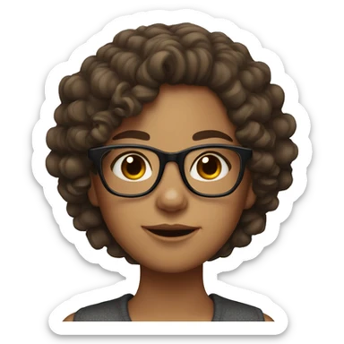 A girl with curly brown hair, brown eyes, Black glasses, freckles sticker