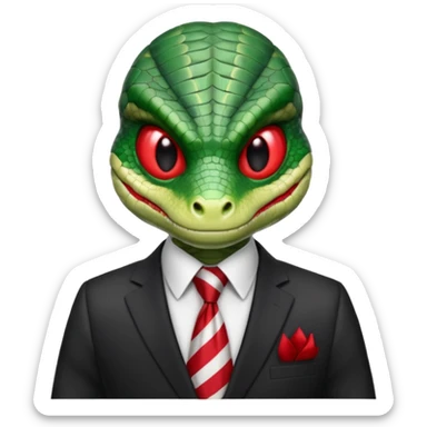 A green reptilian humanoid dressing a suit, striped red and white tie, human emoji style, his face is seriously, his eyes is similar to real viper snake eye sticker