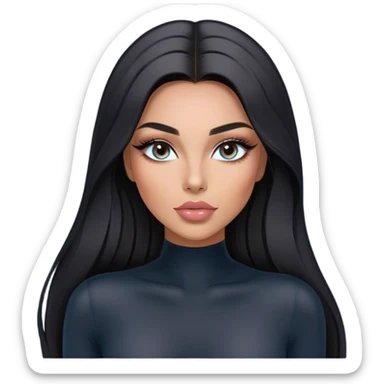 Glamours, tanned, very beautiful girl, with big pump peach-beige-rose lips, long long lashes, black straight smooth silky long hair, straight parting hair, blue-grey eyes in black long-sleeves bodysuit sticker