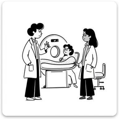 A doctor in a hospital surrounded by modern hospital equipment and technology and other nurses treating patients sticker