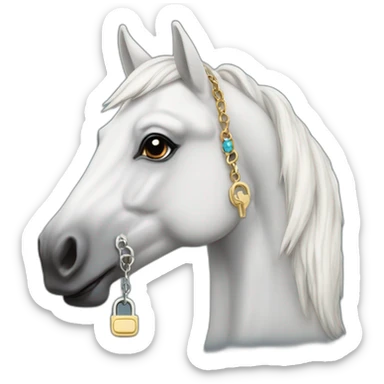 White stallion mustang wearing a key around the neck only necklace no mouth strap showing neck sticker