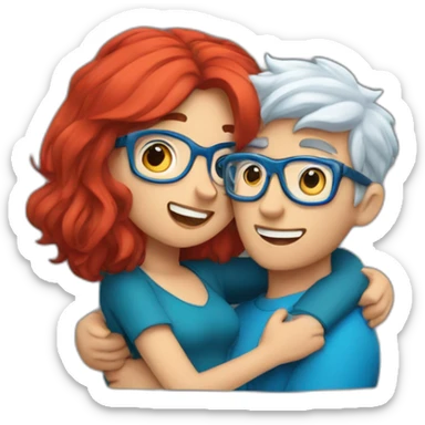 a boy with silver hair and a curvy girl with red hair and blue glasses hugging sticker