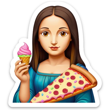 pop art neon Monalisa holding Melted spam meat ice cream pizza slice sticker