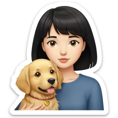 A girl with short black hair and bangs holding a golden retriever sticker