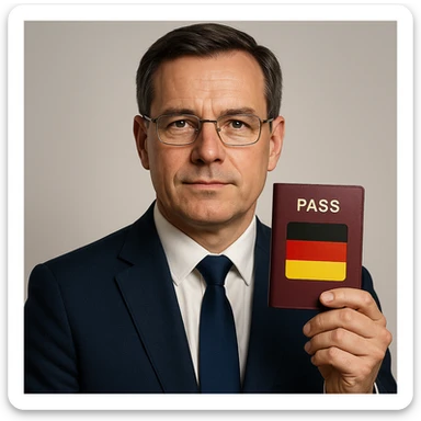 realistic portrait of a trustworthy and official looking person with a passport and German flag, app icon style sticker