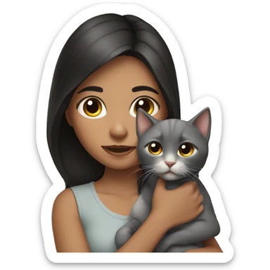 A dark-haired girl is holding a gray kitten sticker