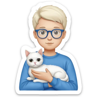 A boy wearing a sweatshirt and glasses holding a white cat sticker