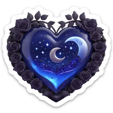 3D emoji gothic heart, midnight blue glass, silver crescent moon, tiny black roses, shimmering stardust, swirling galaxy background sticker