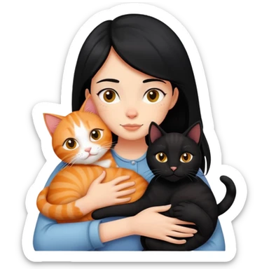 A black-haired girl hugs a ginger cat and A black cat sticker