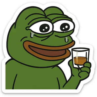 Pepe the Frog celebrating with a whiskey glass, pepe meme style sticker