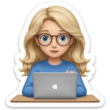 blonde girl with long dark blonde wavy hair, blue big eyes, pantos-style glasses, a brown sweater, sitting and looking in laptop, soft pastel, upper body shot sticker