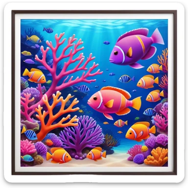 Cinematic Realistic Coral Reef Emoji in a wooden frame, Vibrant and alive, with colorful corals in hues of pink, purple, and orange, swaying gently with the underwater currents. Schools of tropical fish dart between the coral, with soft rays of sunlight piercing through the clear blue water above, creating a magical, serene underwater world. Soft glowing outline, capturing the essence of the bustling, colorful, and peaceful aquatic paradise. sticker