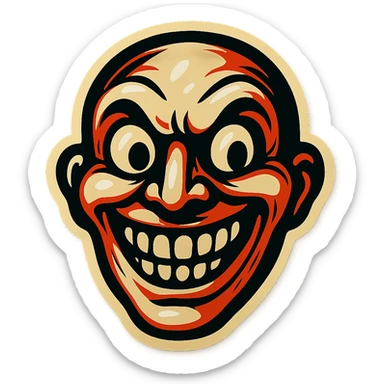 scary smiling creepy face, retro stickers style, sharp black outlines, simple but detailed drawing, expressive shadows and highlights, no gradients, only sharp color transitions sticker