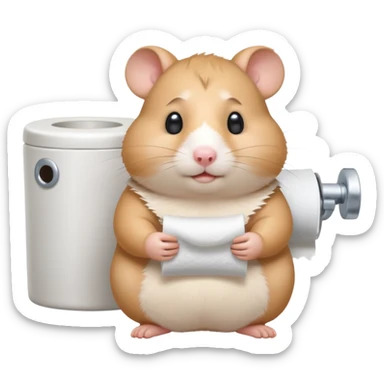 Cute chubby cartoon-style hamster sitting on toilet holding toilet paper looking as if he had an accident, sticker-style illustration sticker