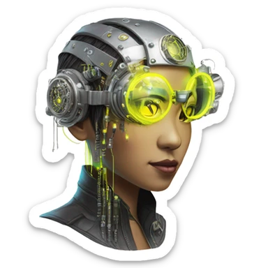 Neon yellow bobbed hair Asian female cyborg head with silver steampunk goggles and circuits sticker