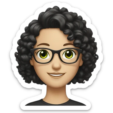 white girl with black long curly hair and green eyes smiling and big rectangle glasses sticker