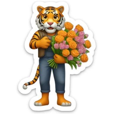 Tiger-man-with-a-flowers-bouquet-in-his-hands sticker
