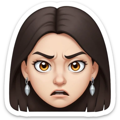 angry girl with long dark brown hair, grey eyes, nose earring on right, pierced ears sticker