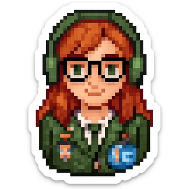 Add glasses to the female recruiter in a cute 8-bit pixel art style. Keep the headset and YC badge visible. Focus on shoulders and above only, with no background. sticker