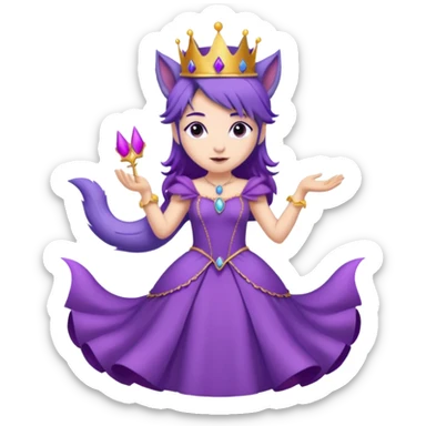 A princess wearing a purple dress and crown with purple hair and purple wolf ears and purple wolf tail character. doing different actions against a white background And make a gap between each illusion sticker