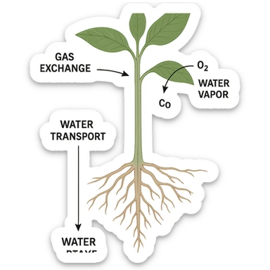 A highly scientific, labeled root-to-leaf diagram showing water uptake, transport through the plant, and gas exchange, with arrows and scientific labels, no background, transparent background sticker