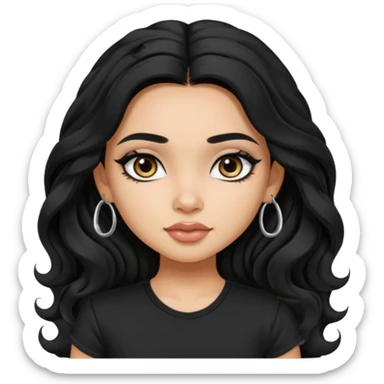 a pretty FAIR indian bratz girl with wavy long black hair, wearing a black tshirt, eyeliner on sticker