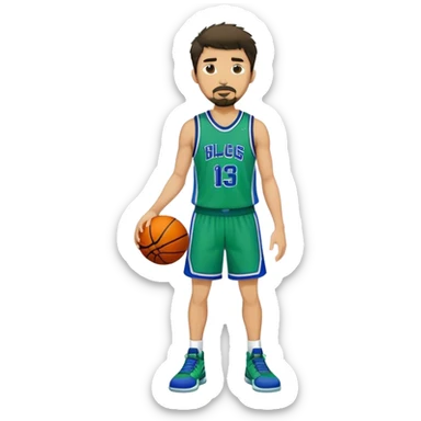 Full Body white male basketball player with short dark shaggy hair and goatee wearing green and blue uniform sticker