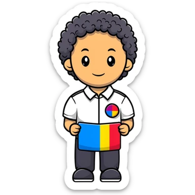 Guy with curly hair with a name tag saying bishop. In his shirt is a rainbow flag sticker