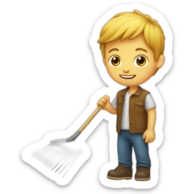 white kid holding a rake sticker