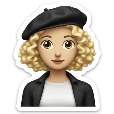 blonde, curly haired girl with grey eyes and freckles, wearing a black beret.  sticker