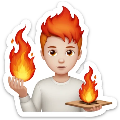 A boy with no hands fire instead made out of red fire and the boy is wearing a white shirt that has a sign that says FIRE CREATOR  sticker