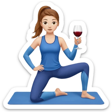 Белая Девушка с каштановыми длинными волосами, собранными в хвост, в синем спортивном топе и синих лосинах занимается йогой с бокалом вина в одной руке sticker