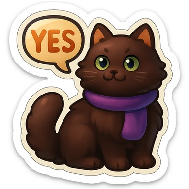 Fluffy dark-brown cat with green eyes and a purple scarf saying ‘YES’ (with a speech bubble) sticker