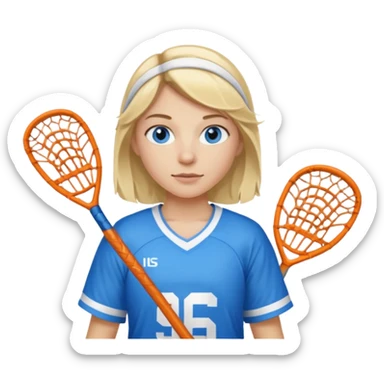 Blonde white with blue eyes lacrosse player holding one lacrosse stick wearing blue and white gear  sticker