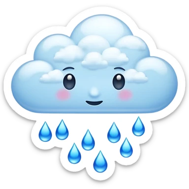 Emoji-style clouds with falling blue raindrops, no faces. Glossy 3D look, transparent background, vibrant colors. sticker