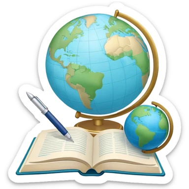 Create an emoji representing language translation. The design should feature a single globe in the background, symbolizing international communication. In front of the globe, place two opened books, with texts in it and a pen nearby to indicate the act of writing and vocabulary. Use a clean and professional color palette with blues, greens, and neutral tones. Do not include any emojis or smiley faces. Make the background transparent sticker