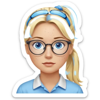 Just a head, blonde hair with lowlights in a ponytail, blue eyes, some freckles, a little older female ready to get some tasks done at work, no body and just one pony high on the back of the head sticker