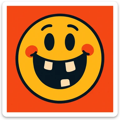 smiley face with missing teeth, cartoon style, vibrant toon illustration sticker