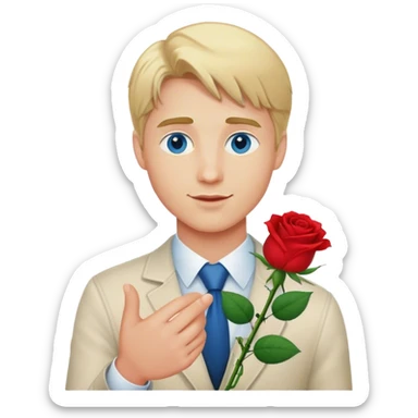 Blonde haired blue eyed man giving out a rose sticker