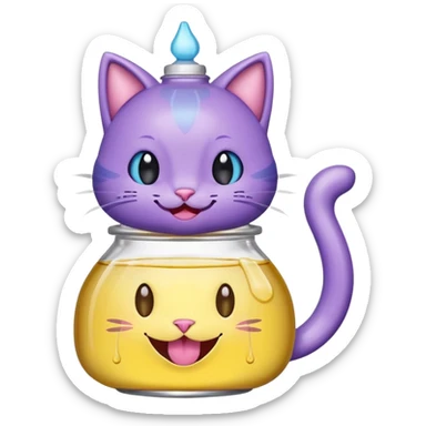 Smiling bottle of oil light purple top and light blue sticking tongue out and with cat ears sticker