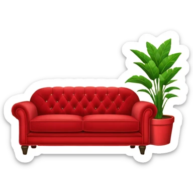 red velvet couch with a mic, houseplants, and karaoke sign sticker