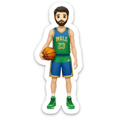 Full Body  white male basketball player with short shaggy dark hair and gold tee beard wearing blue and green uniform sticker