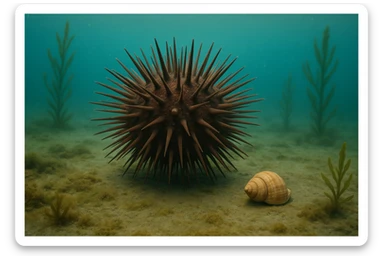realistic sea urchin, highly detailed, natural colors, underwater, no text, ghibli style with realism emphasis sticker