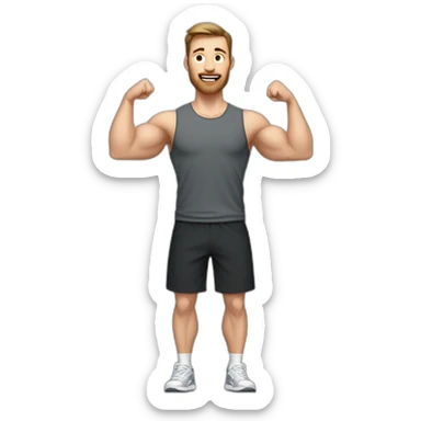Full height Actively gesturing with hands Pale skinned Fit Man With the biceps and brown hair in dark gray Sleeveless Mike, black oversize sports shorts, watch and white Sneakers sticker
