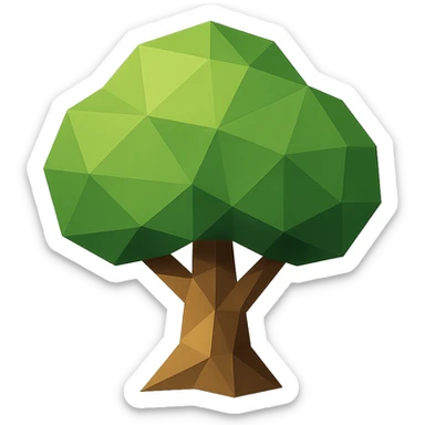 Add green color to the tree icon using stylized geometric shapes. The canopy should be green and the trunk brown. The icon should be easy to read at a small scale with a geometric and stylized look. sticker