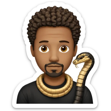 Homme couleur de peau noir, yeux marron avec un bouc que le menton, cheveux court et bouclé crépus avec dégradé sur le côté, avec un cobra à côté , t-shirt noir  sticker
