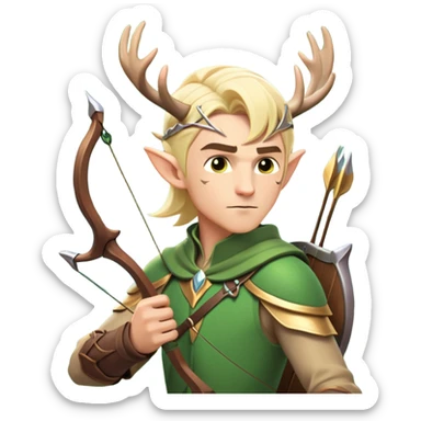 clash-of-clans-aesthetic-blond-male elf-archer-portrait-emoji, rendered in a flat, vector-style with minimal shading and bold holding his bow, simplified shapes, head tilted slightly forward with a determined, focused expression, riding a majestic stag whose antlers glow with mystical energy, set against an ancient, enchanted forest backdrop. sticker