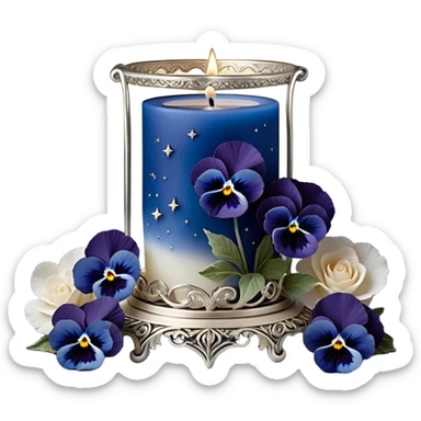 A dreamy celestial composition showcasing deep blue pansies with velvety petals, arranged around an intricately carved pearl-colored candle. The silver crescent moon in the background radiates a soft, celestial glow, illuminating swirling clouds with a hint of stardust. Floating lanterns drift gently through the night sky, casting warm, golden light. The scene is framed by delicate silver filigree patterns, giving it an elegant, almost magical feel. sticker