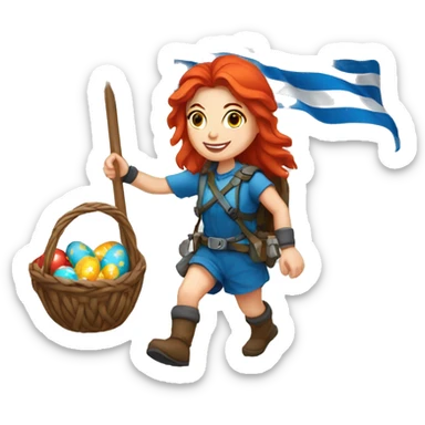 Greek Female winter mountaineer red hair white skin climbing with Greek Flag and Easter eggs basket sticker